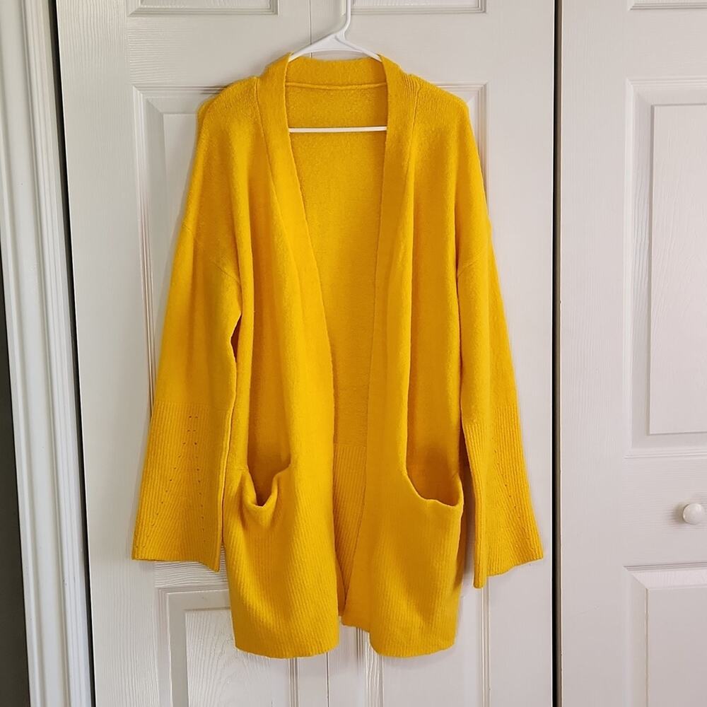 Ellos Women's Long Line Yellow Open Front Cardigan Size 12/14‎ Wool Alpaca Blend